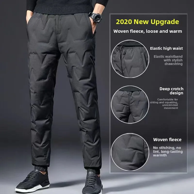 New 2026 Men's down Cotton Pants Casual Loose Fit Windproof Warmth Outdoor Wear mid Waist City Walk Style Fleece Lined Trousers