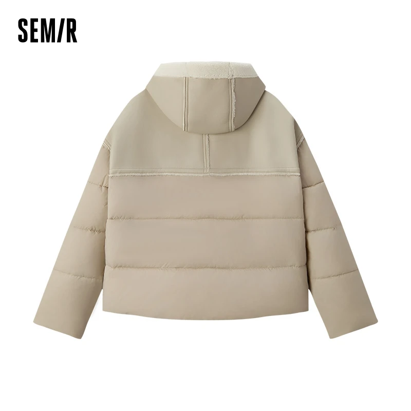 Semir Cotton Jacket Women Patchwork Loose Cotton Jacket Retro 2024 Winter New Furry Hooded Puffer Coat Trendy Cotton Jacket