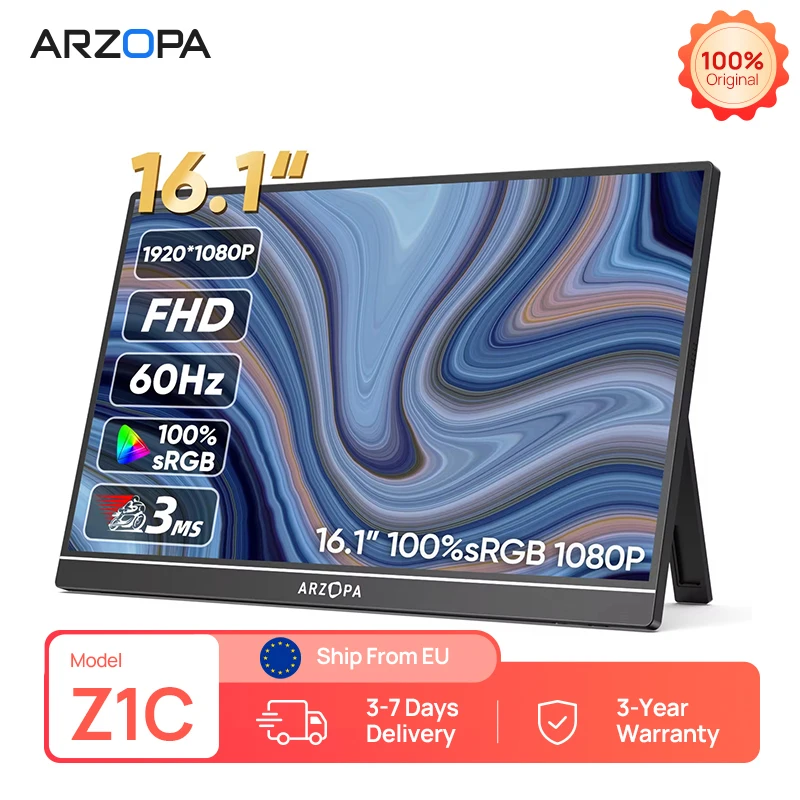 ARZOPA 16,1'' 100% SRGB 1080P FHD Tragbarer Monitor IPS-Bildschirm Zweitmonitor Externer Bildschirm Z1C