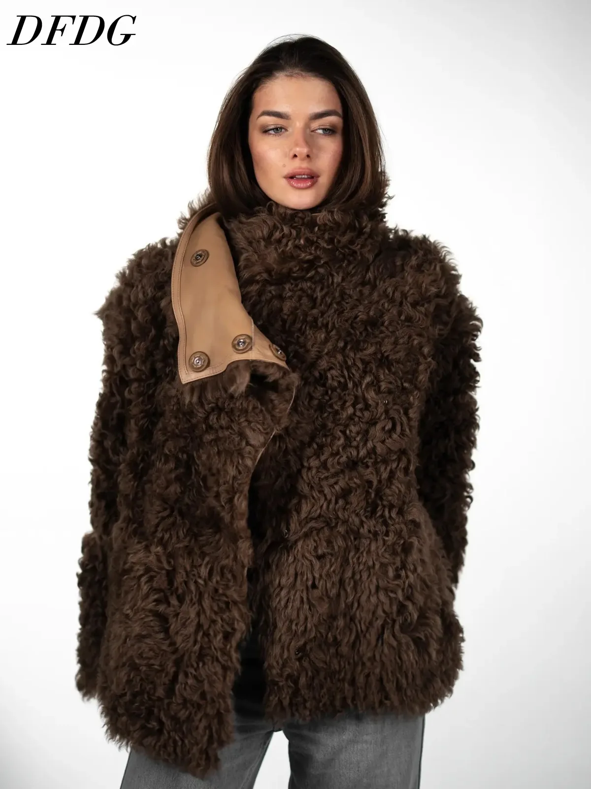 DFDG Women 2026 Cropped Faux Fur Jacket Round Collar Metal Buckle Decor Fluffy Warm Luxury Winter Outerwear Elegant Women coat
