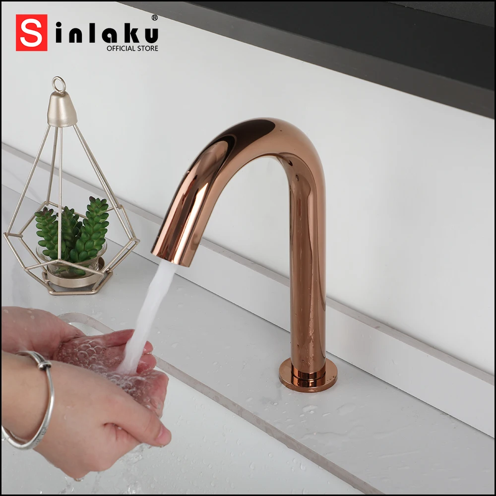 SINLAKU Rose Golden & Gold Brushed Free Touch Bathroom Sensor Faucet Stream Water Outlet Automatic Convenient And Fast Basin Tap