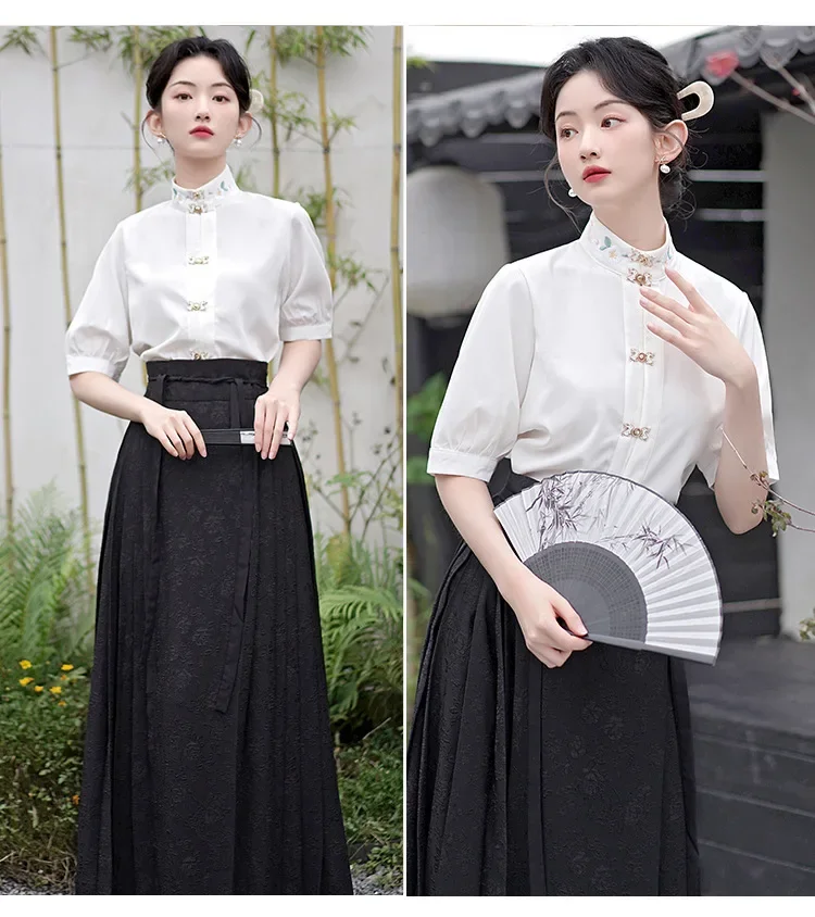 تنورة وجه حصان هانفو للسيدات جديدة لعام 2025 زي هانفو الصيني التقليدي بياقة واقفة تنورة كلاسيكية بطيات باللون الأسود #4