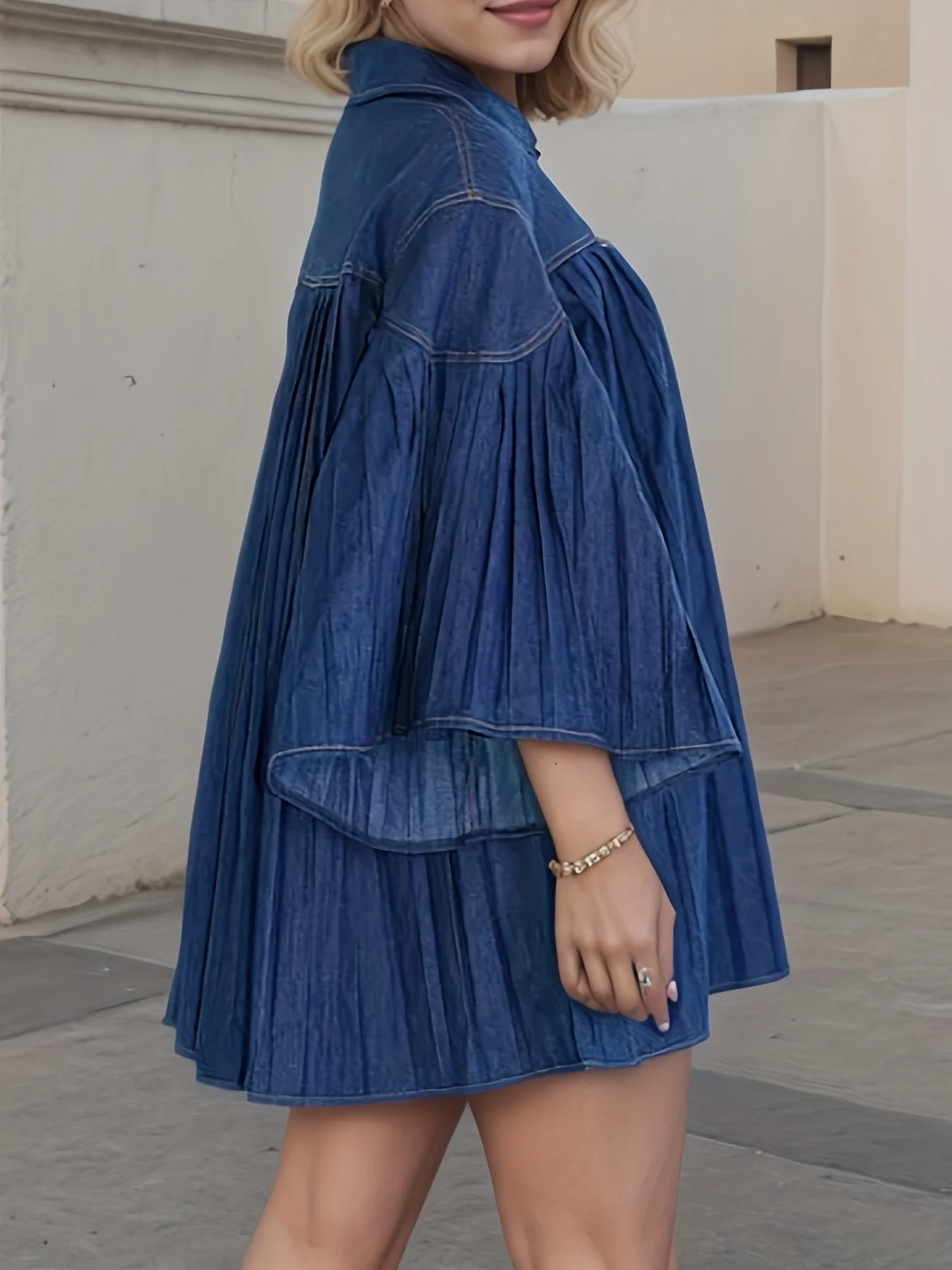 เดรสยีนส์ทรงหลวมแฟชั่นสำหรับสุภาพสตรี ดีไซน์คอวี แขนยาว จับจีบเย็บที่ชายเสื้อ สวมใส่สบาย