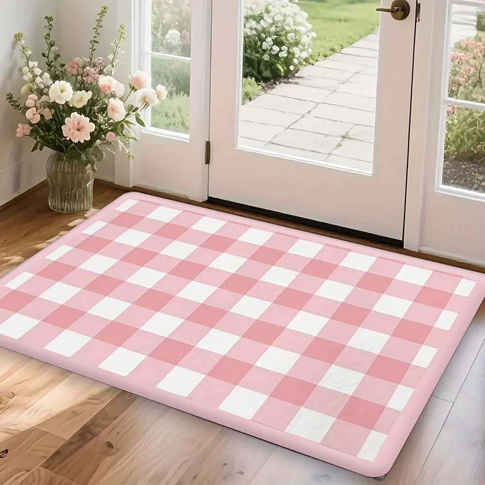 Decorative Pink and White Gingham Checkerboard Pattern Area Rug Mat Runner for Farmhouse Kitchen Bathroom Entryway Home Decor