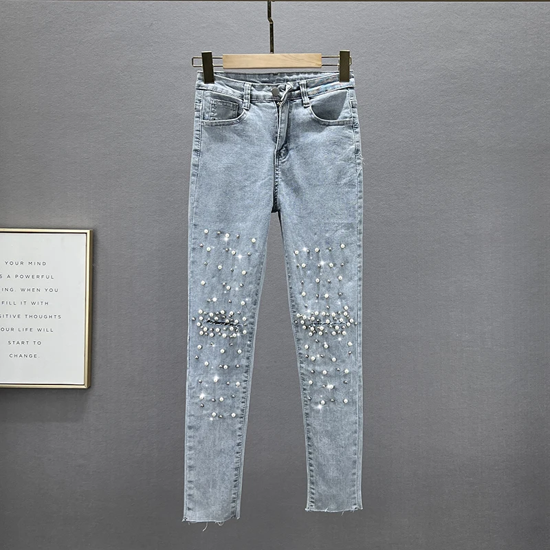 Beaded Jeans for Women Trendy Spring and Autumn New Elastic High Waist Slim Fit Slimming European Goods Tappered Pencil Pants