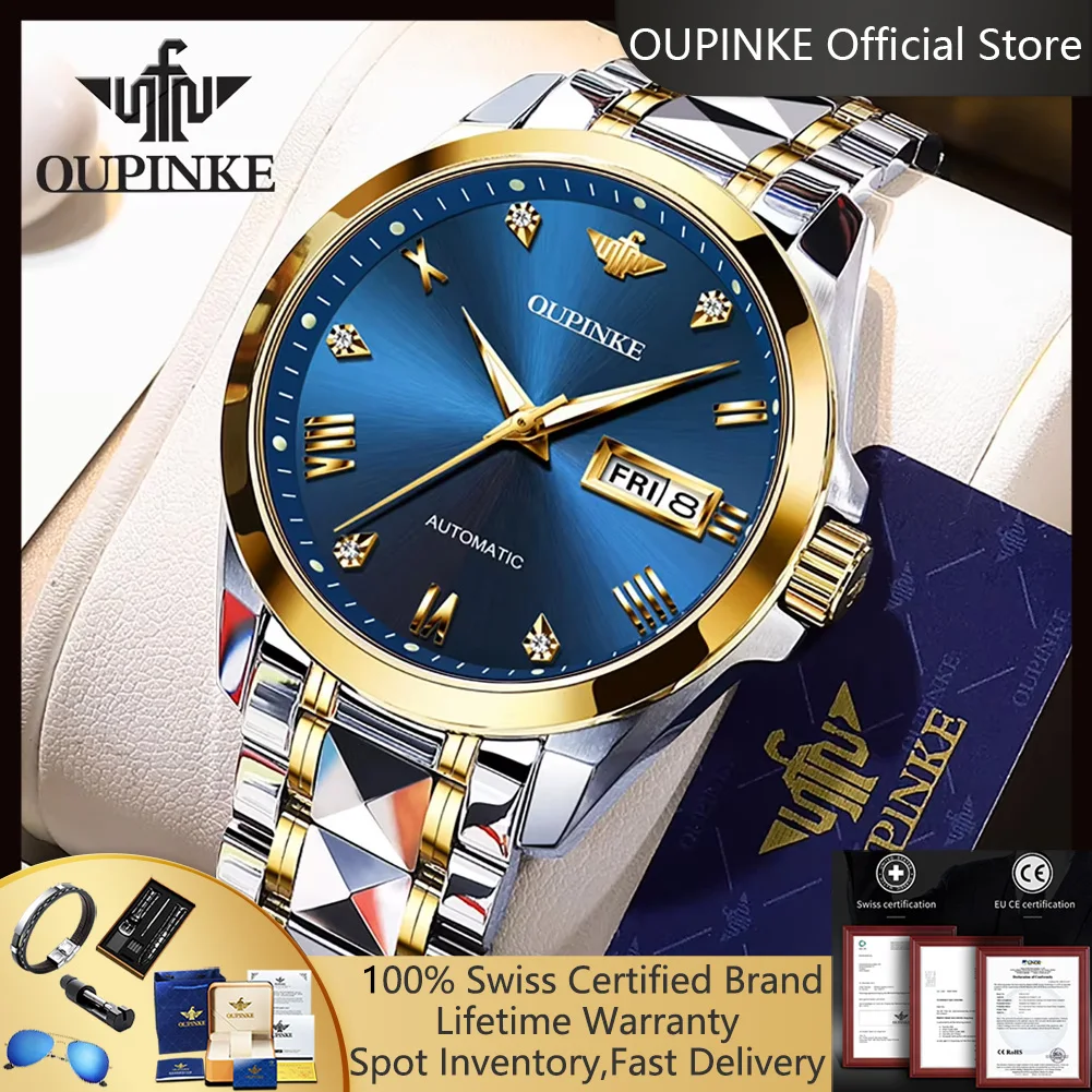 

OUPINKE 3171, официальные оригинальные полностью автоматические механические мужские часы с двойным календарем, водонепроницаемые роскошные оригинальные деловые мужские часы