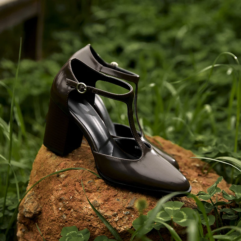 Genuine Leather T-Strap High Heel Pumps for Women