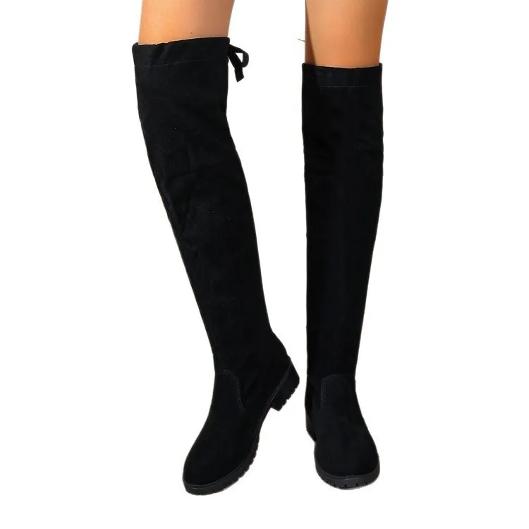 Faux Suede Female Heels Autumn Winter Elastic Knee-high Boots for Women Tube Lace-up Thigh Boots Black Botas