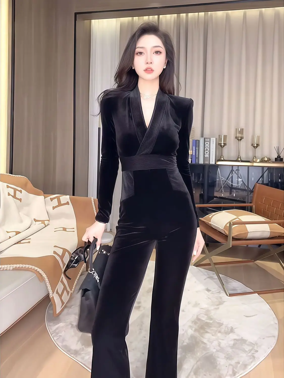 Bla velours combinaison ensemble Faionable jeune Sle automne hiver nouveauté femmes tenue décontracté taille haute coupe ajustée V Ne