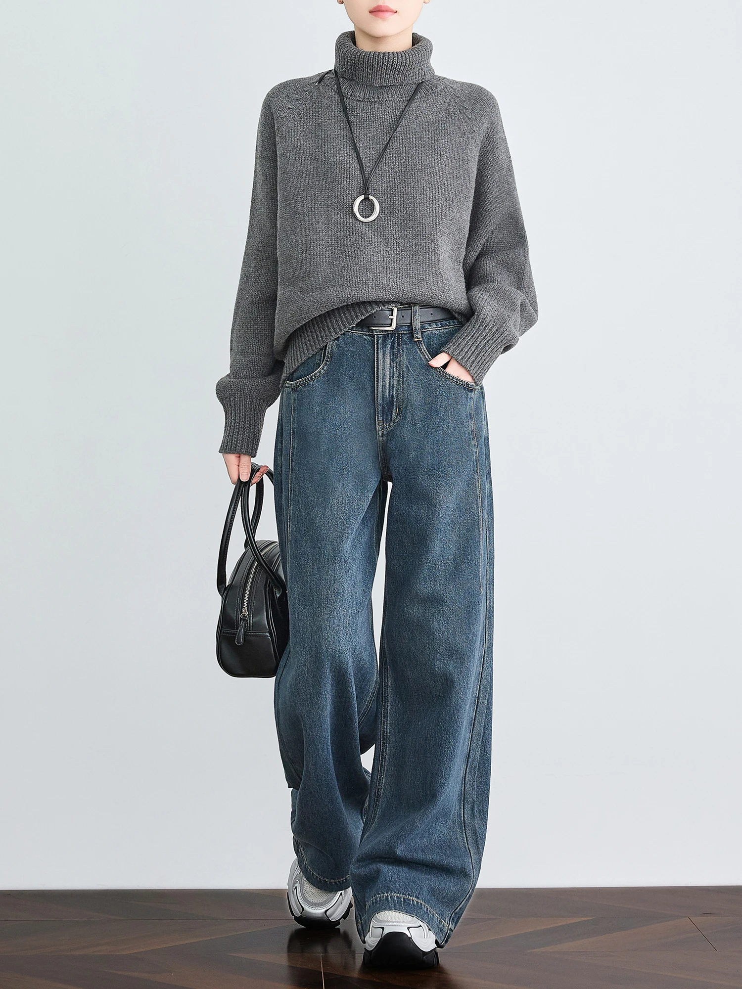 

Джинсовые брюки с косой в стиле ретро, широкие брюки с подкладкой и широкими штанинами, повседневные джинсы-бананы с высокой талией, цвет на молнии