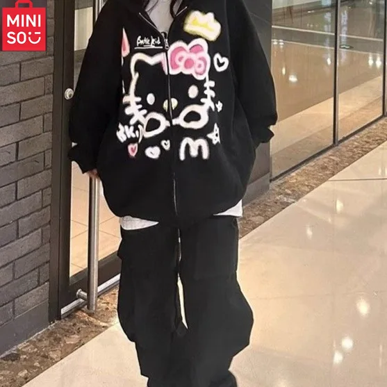 

MINISO Cardigan Hello Kitty Heavy Cute Coat Cartoon Zipper Loose Versatile Lazy Style Fashion Hooded Sweatshirt Hot