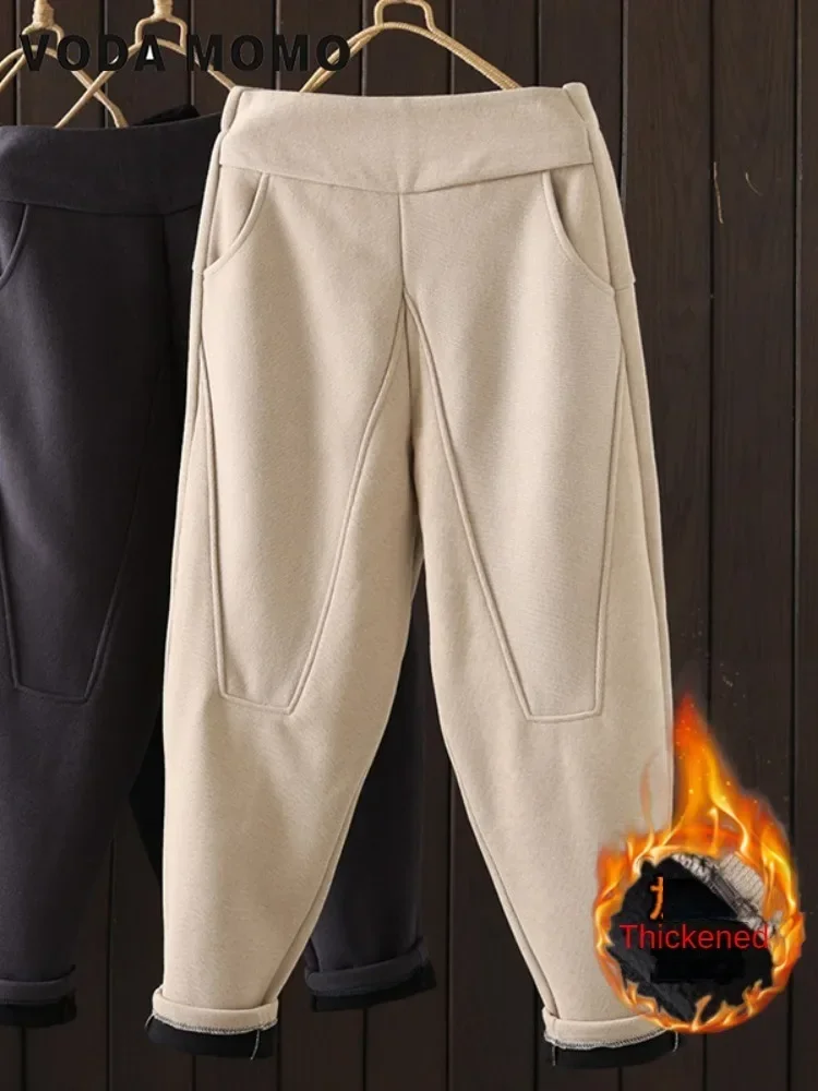 

Повседневные простые однотонные брюки, женские свободные теплые утолщенные шаровары, осень-зима 2023, новые художественные ретро хлопковые на флисовой подкладке