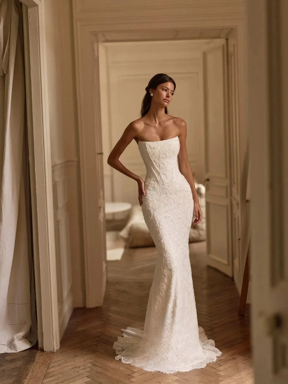 Customized  Elegant Mermaid Beaded Wedding Dresses  Pleated Detachable Floor-length Lace Long Bridal Gown Dreamy Bridal Gown