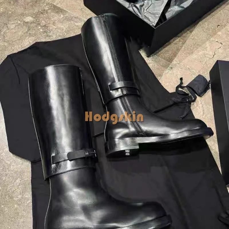 Metalowa klamra Buty do kolan Solidna skóra Okrągłe palce Boczny zamek błyskawiczny Kwadratowy obcas Buty codzienne Kobiety Moda Buty Street Style