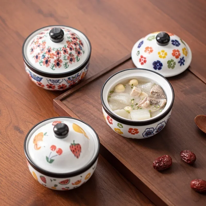 Colorful Floral Pattern Lidded Stew Pot Ideal for Home and Restaurant Use Keeps Food Warm Suitable for Soups and Porridge