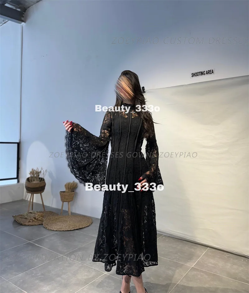 Black Lace High Neck Formal Dubai Prom Dresses A Line Tea Length Formal Party Dress Evening Gowns Custom Women Birthday Gowns