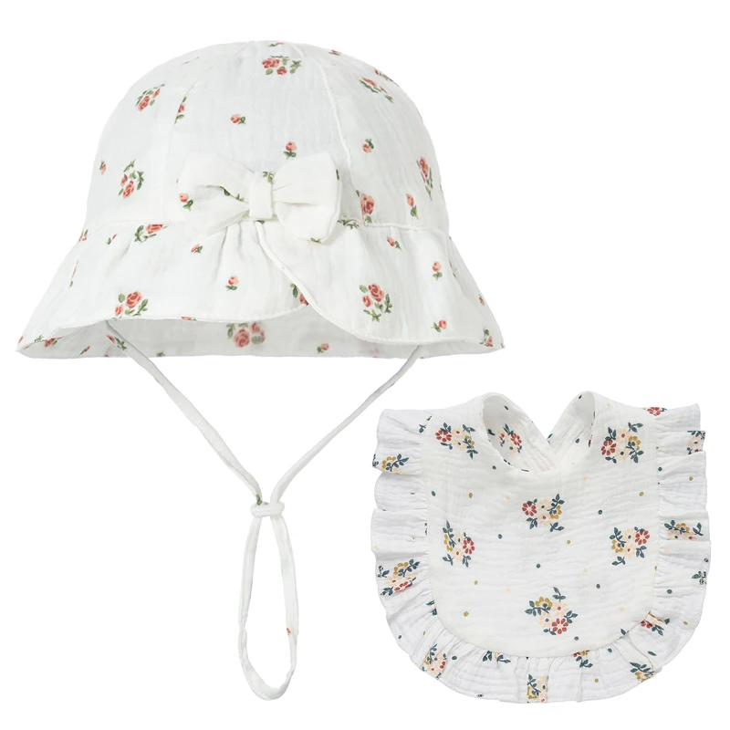 Chapéu de balde de bebê com arco doce, boné de pescador infantil para menina, Princess Feeding Drool Bib Set, chapéu de sol Panamá Summer Kids