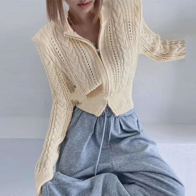 

Casual Shoulder Pads Long Sleeve Solid Coats Women's Fashion Stand Collar Cardigans Jackets Elegant Zipper Hollow Out Knitted