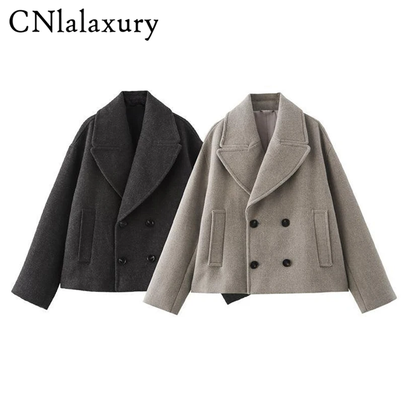 CNlalaxury Women Autumn Winter Double Breasted Woolen Coat Elegant Long Sleeves Short Jacket Fashion Lady Warm Street Outerwear