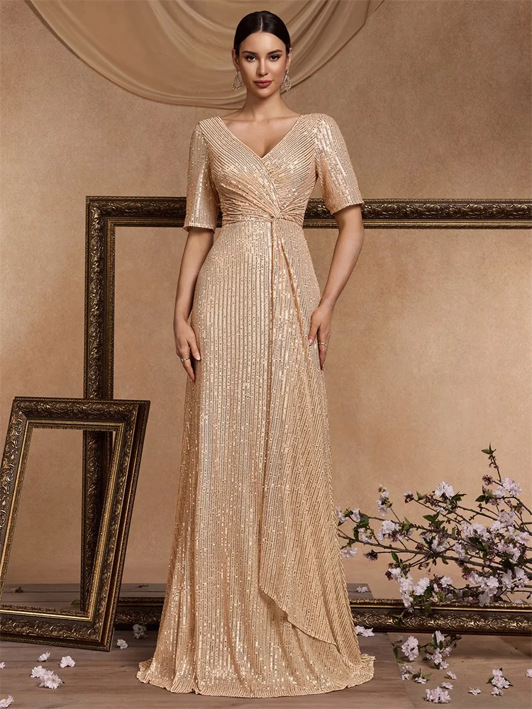 BLUEPLUM Luxury Floor Length V-Neck Gold Evening Dress Women Elegant Party Maxi Dress Sequin Short Sleeves Prom Cocktail Gowns