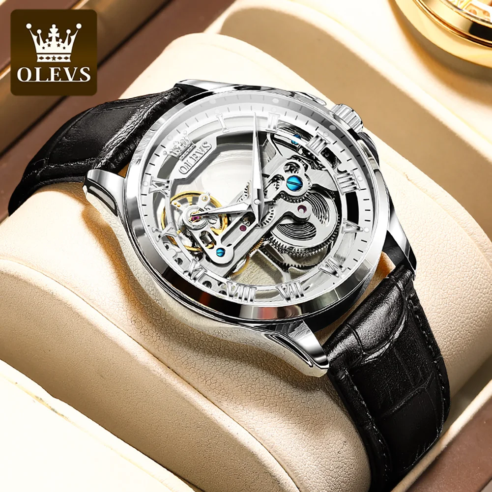 OLEVS Tourbillon Skeleton design gear Men Automatic Mechanical Watch limited edition Watches Fashion leather wrist watch 6661