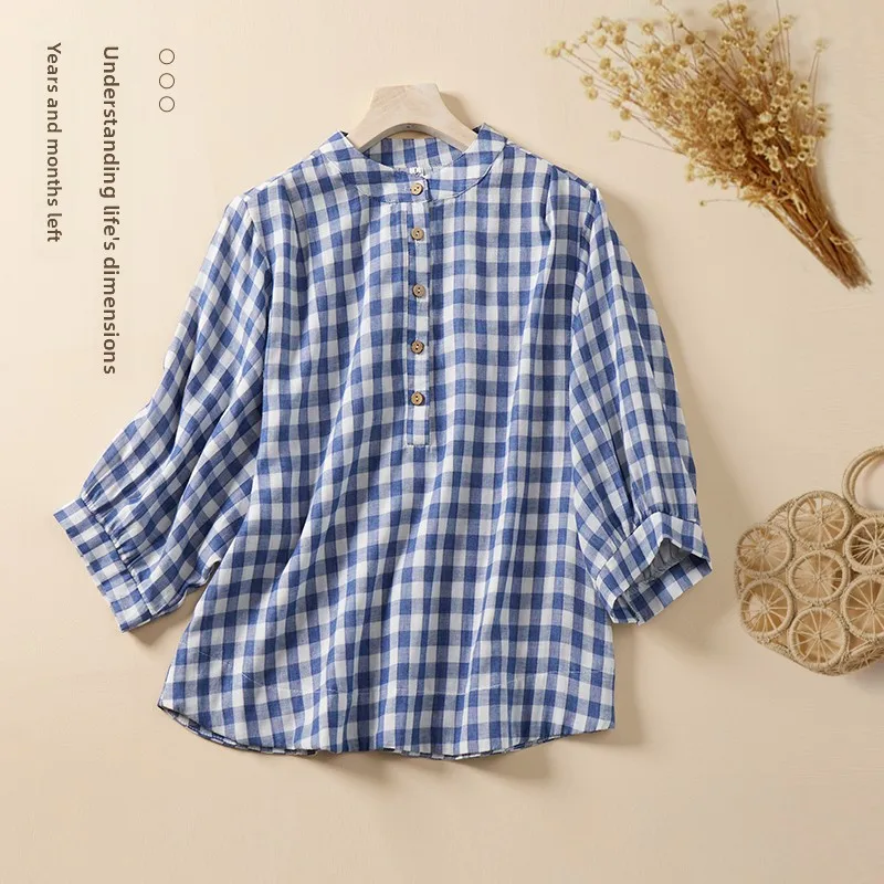 قميص قطني فضفاض للنساء بنقشة مربعات، نصف كم، ياقة عالية، قميص متعدد الاستخدامات للعمل، قميص قطني بنقشة جينغهام بأكمام سبعة أرباع #5