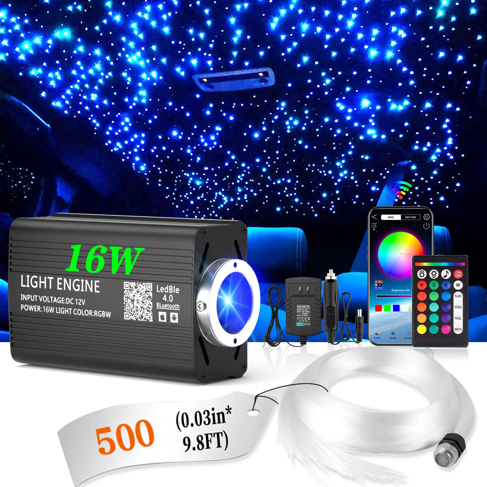 16W RGBW Fiber Optic Star Ceiling Light Kit with APP & Remote Control, Music Sync Mode for Car Roof Home Theater Decoration, 500-1200pcs 0.25-0.75mm Fiber Cable, US Warehouse