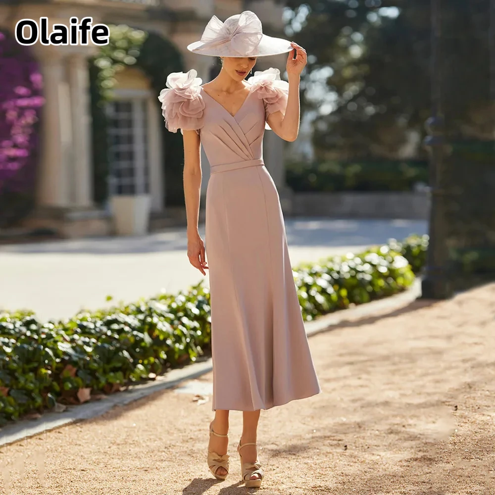 Olaife Mother of The Bride Dresses V Neck Sleeveless Floral Petal Tea Length Mermaid Party Gown Wedding Guest Dresses for Mom