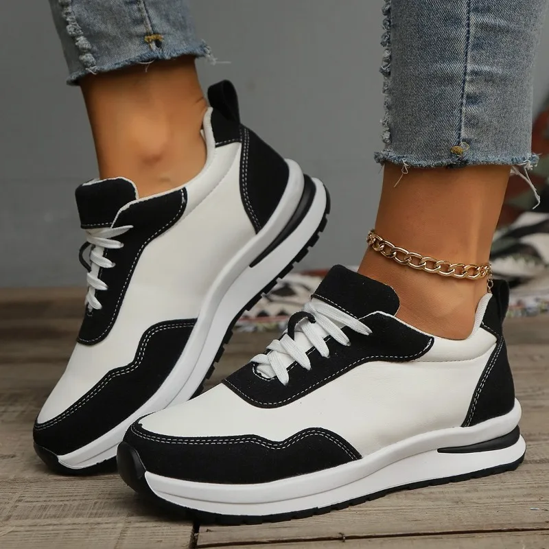 2024 Women's New Autumn Fashion Round Toe Lace-up Womens Sports Shoes Casual Thick-soled Walking Sports Women's Vulcanized Shoes