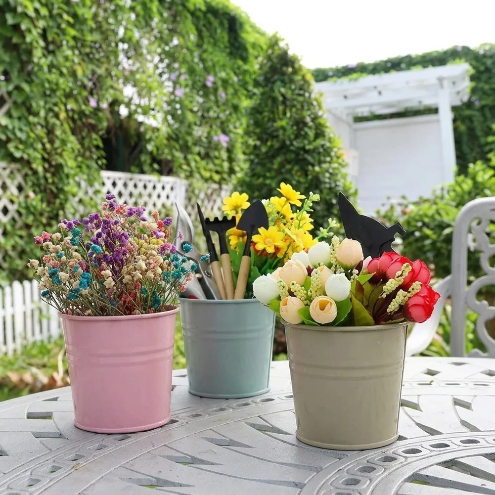 2 Set Metal Flower Pots with Trays for Herb Plants Windowsill Balcony For Garden Indoor Outdoor Rustic Metal Design