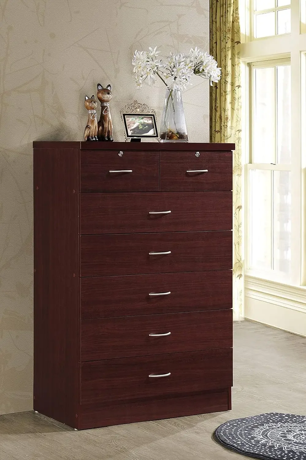 7 Drawer Wood Dresser for Bedroom, 31.5 inch Wide Chest of Drawers, with 2 Locks on the Top Drawers, Storage Organization Unit