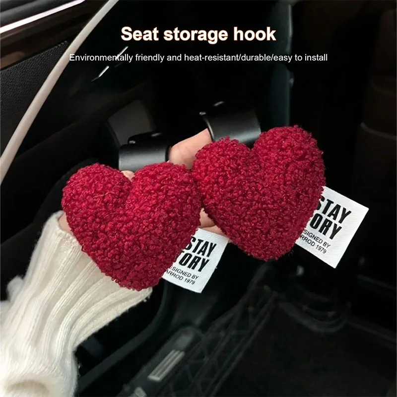 2 Plush Heart-Shaped Car Hooks - Durable and Cute Seat Back Hooks for Bags and Clothes. Easy to Install. Perfect Car Accessories