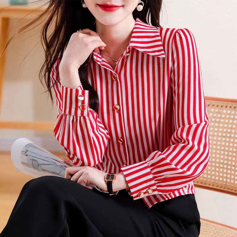 2024 New Summer Simplicity Elegant Fashion Retro Loose Korean Style Women\'s Shirt Chiffon Striped V Neck Long Sleeve Y2K Tops