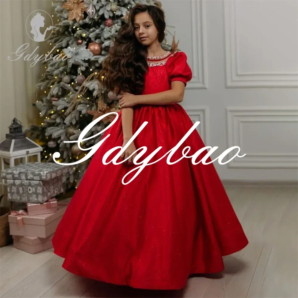 تخصيص بلورات بسيطة قصيرة الأكمام ألف خط كلاسيكي طويل الكرة زهرة فتاة فستان الكاحل طول أنيق ثوب التواصل الأول