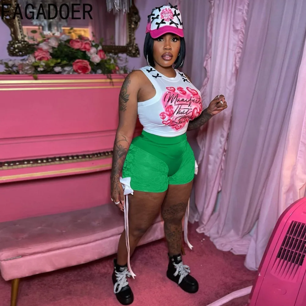 FAGADOER Sexy Lace Perspective Bow Bandage Shorts Women High Waist Elastic Skinny Shorts Fashion Summer New Bottoms Streetwear