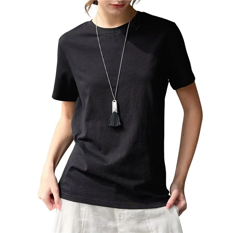 

CYL-Cotton Basic T Shirts For Women,Crew Neck Short Sleeve Summer Shirts,Solid Loose Fit Tshirt Black M