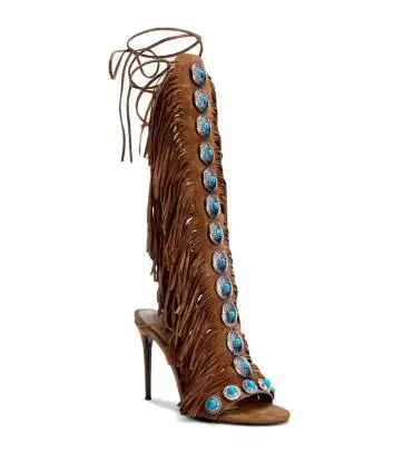 Summer Women Brown Black Suede Tassel Cross Tied Back Blue Sliver Metal Circle Peep Toe Thin Heels Knee High Sandals Boots Shoes