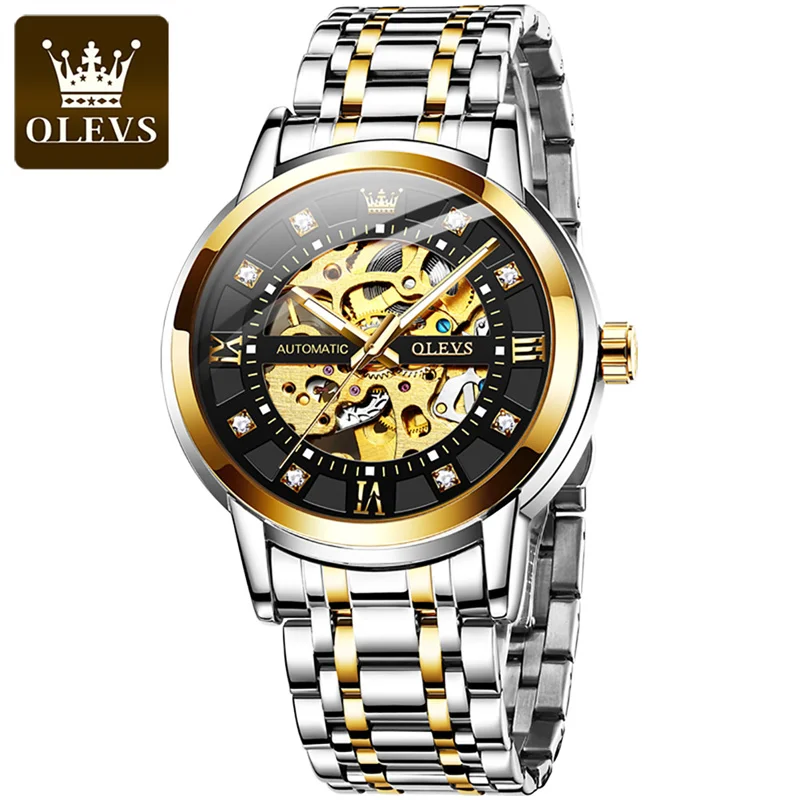 OLEVS-Reloj de pulsera de acero negro para Hombre, accesorio masculino resistente al agua, luminoso, informal, automático, mecánico, deportivo