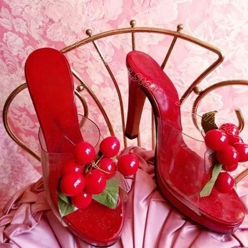 

Red Cherry Decor Clear PVC Slippers Open Toe Summer Sweet Style Stylish Elegant Women Sexy Slippers 2025 Zapatos Para Mujere
