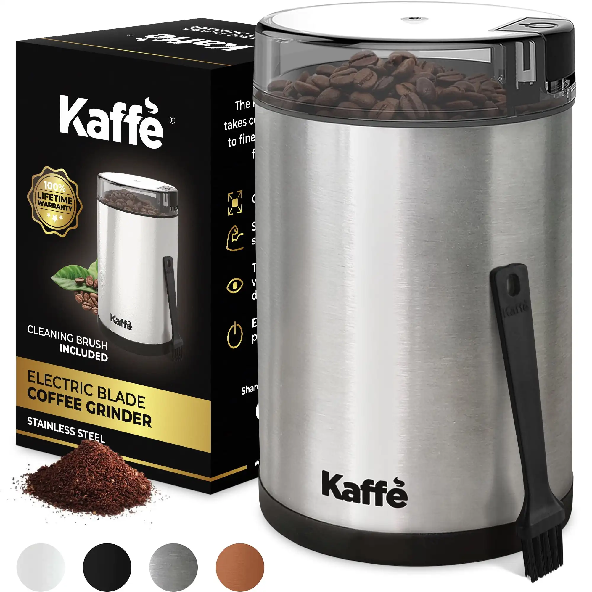 

Kaffe 14Cup Electric Coffee Grinder with Auto On/Off, Stainless Steel (Cleaning Brush Included)