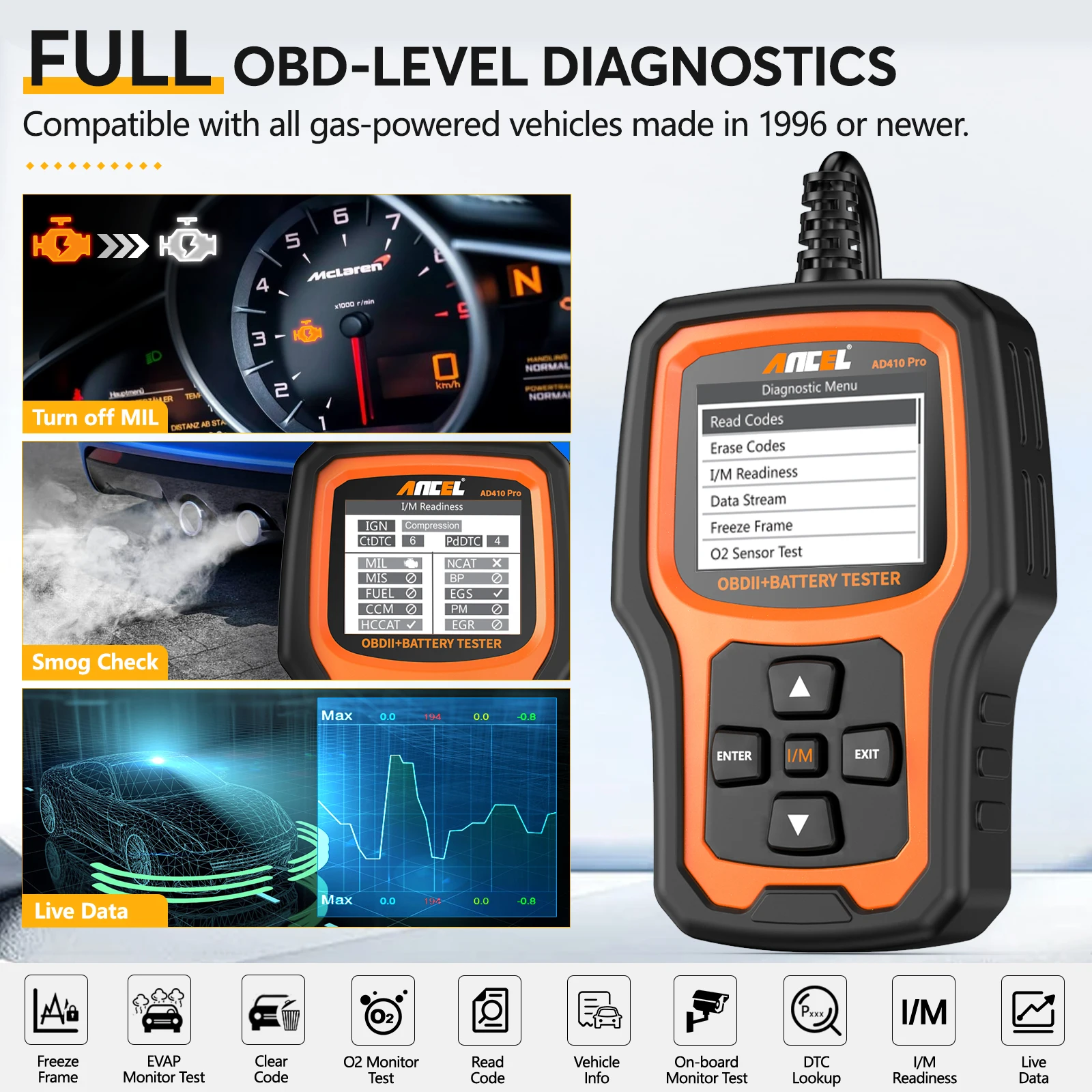 ANCEL AD410 PRO Code Reader Battery Test Check Engine With Full OBD2 Function Car Diagnostic Tools Free Update