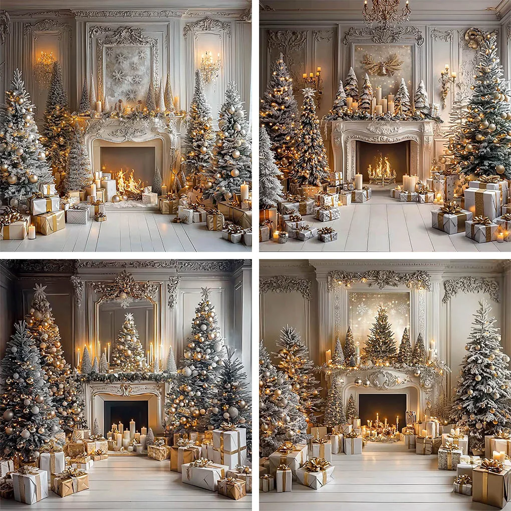 

Mehofond Elegant Christmas Fireplace Photography Backdrop Kids Family Portrait Candles Presents Decor Background Photo Studio