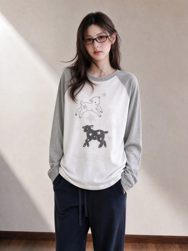 Loose Long Sleeve T-Shirt Women Early Autumn Inner Wear Sheep Print Casual Style Korean Style Top Breathable Comfortable