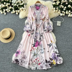 Vintage Print Elegant Lantern Long Sleeve V Neck  A-line Single Breasted Dress Casual Women  Fashion Autumn Spring Dress