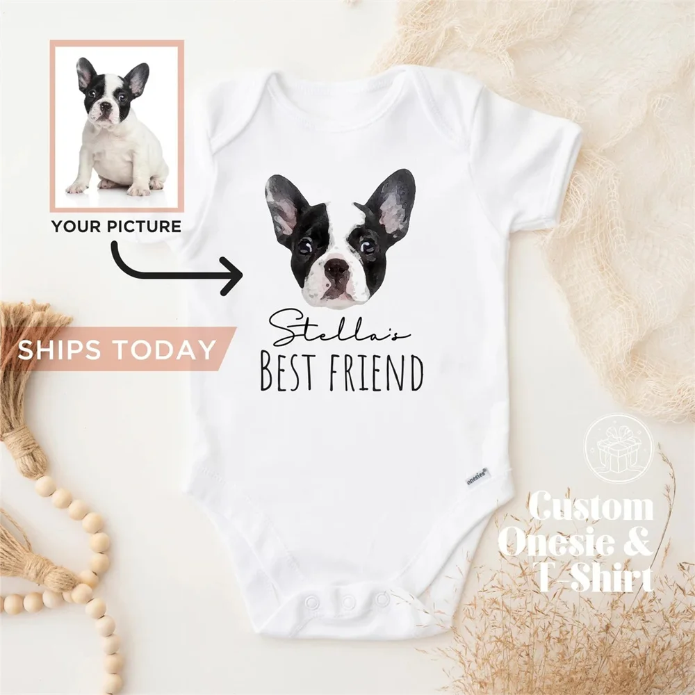 Custom Baby Bodysuit with Pet Portrait, Newborn Announcement, Dog-Themed Baby Shower Gift, My New Best Friend Sibling Bodysuit