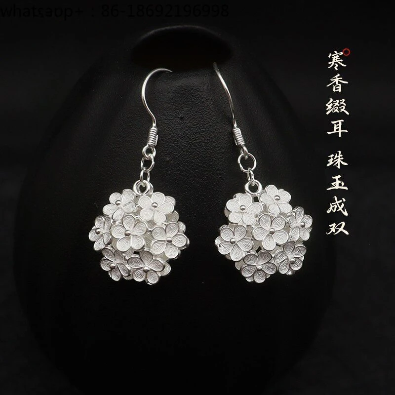 999 Sterling Silver New Chinese Plum Blossom Earrings Women's Intangible Cultural Heritage Filigree Silver Earrings