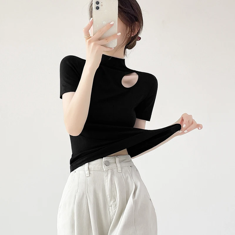 Stretch Knitted Threaded Skeleton Half High Neck Bottom Shirt Women's Inside Long Sleeve T-shirt Tight Tops Bottoming Blouse
