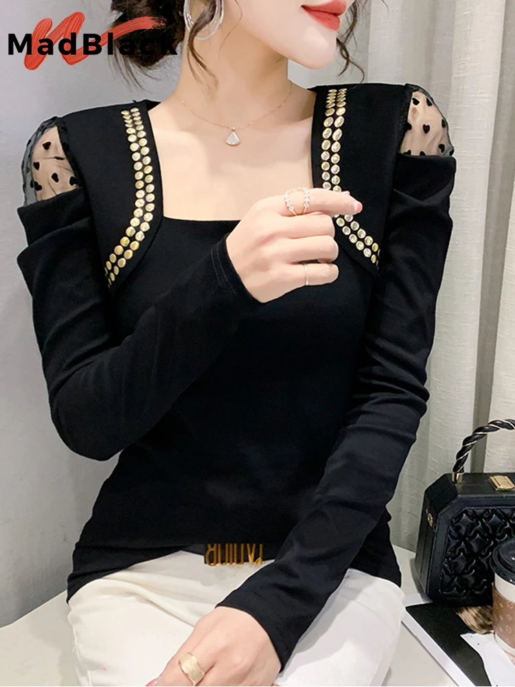 

MadBlack Spring European Clothes Square Collar Tshirts Female Sexy Spliced Gauze Rivet Slim Cotton Tops Long Sleeves TeesT35240C