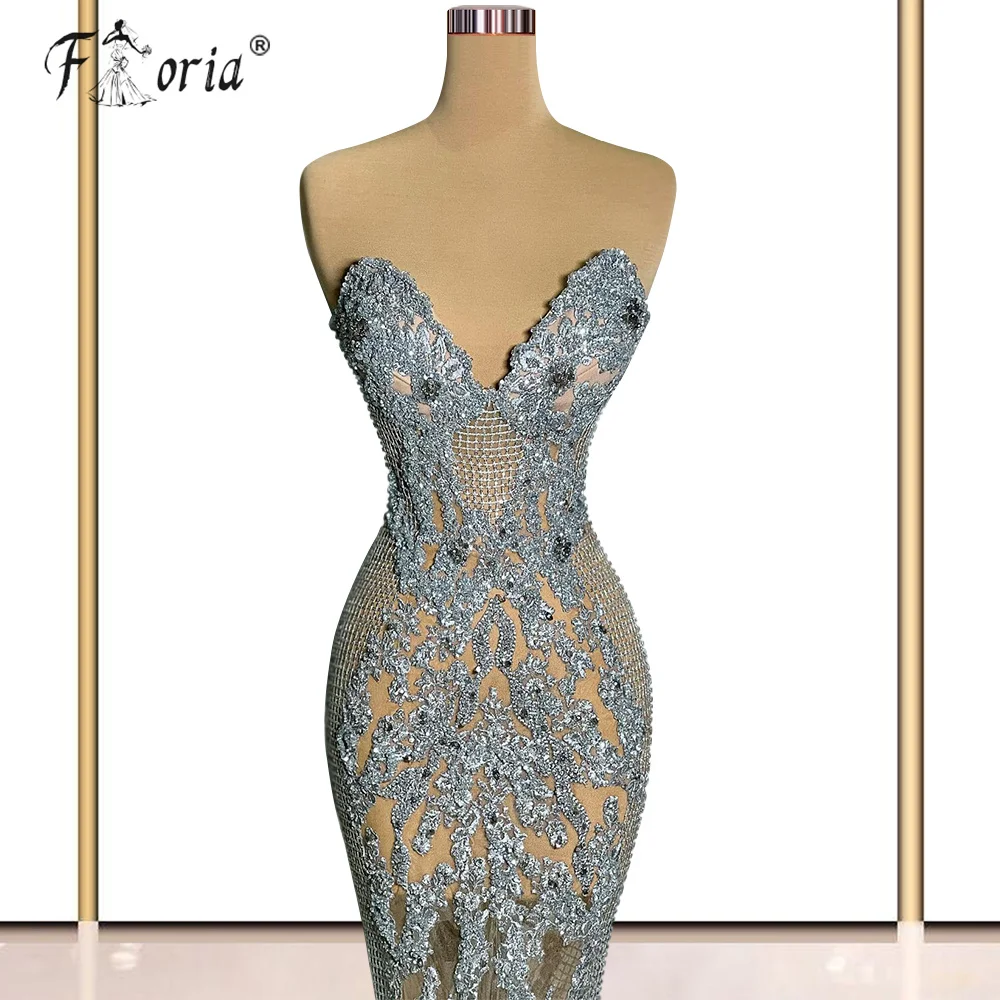 Lindo Prata Sereia Longo Formal Vestidos De Festa 2023 Sexy Ver Através Lantejoula Lace Longo Mulher Ocasião Vestidos Plus Size