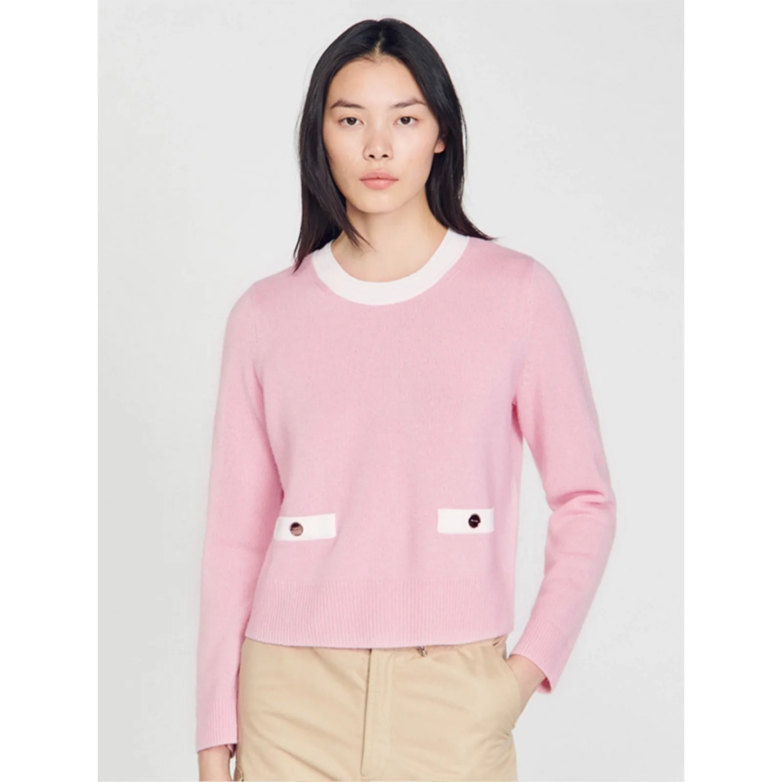 

Новинка ранней весны: женский розовый вязаный топ MaSande с круглым вырезом, длинными рукавами, прямого кроя, для повседневной носки, модный.